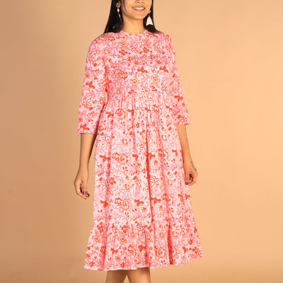 Floral Sanganeri hand block printed cotton dress