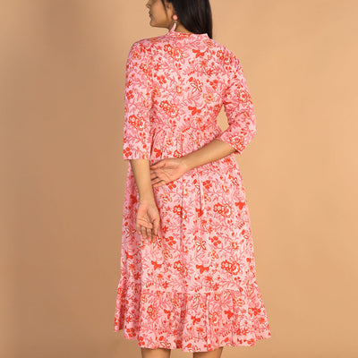 Floral Sanganeri hand block printed cotton dress