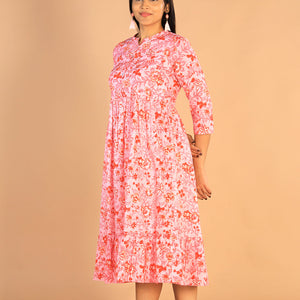 Floral Sanganeri hand block printed cotton dress