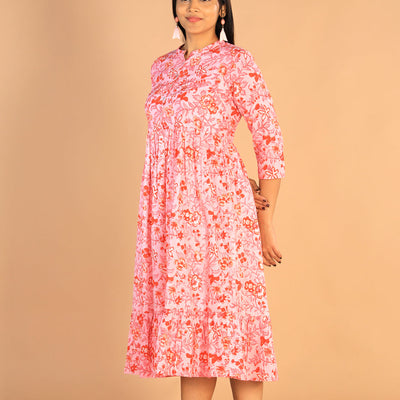 Floral Sanganeri hand block printed cotton dress