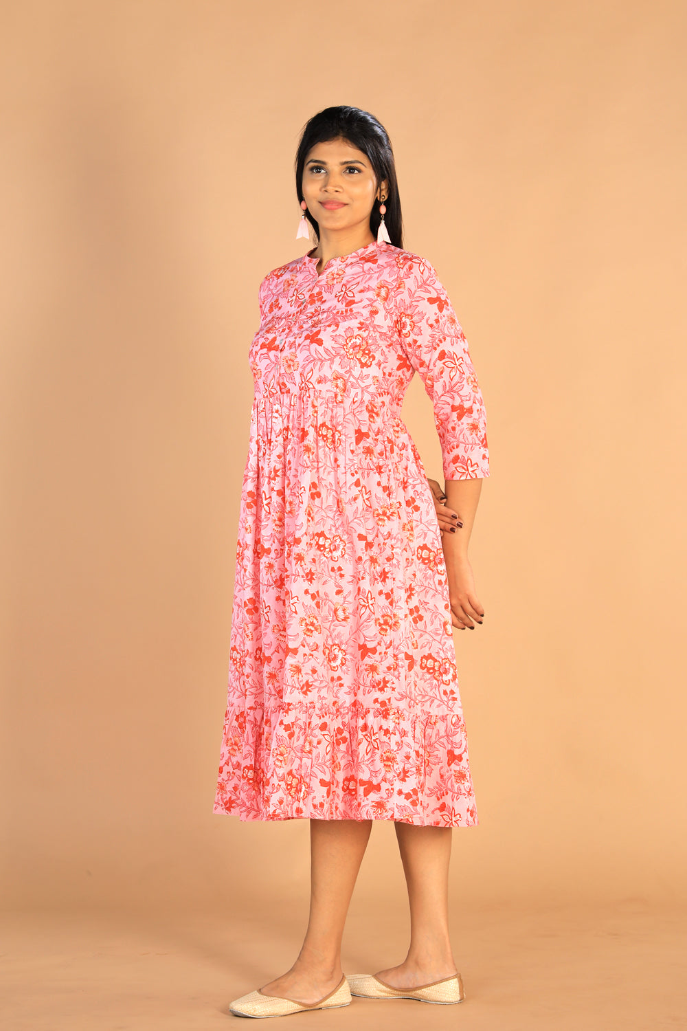 Floral Sanganeri hand block printed cotton dress