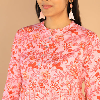 Floral Sanganeri hand block printed cotton dress
