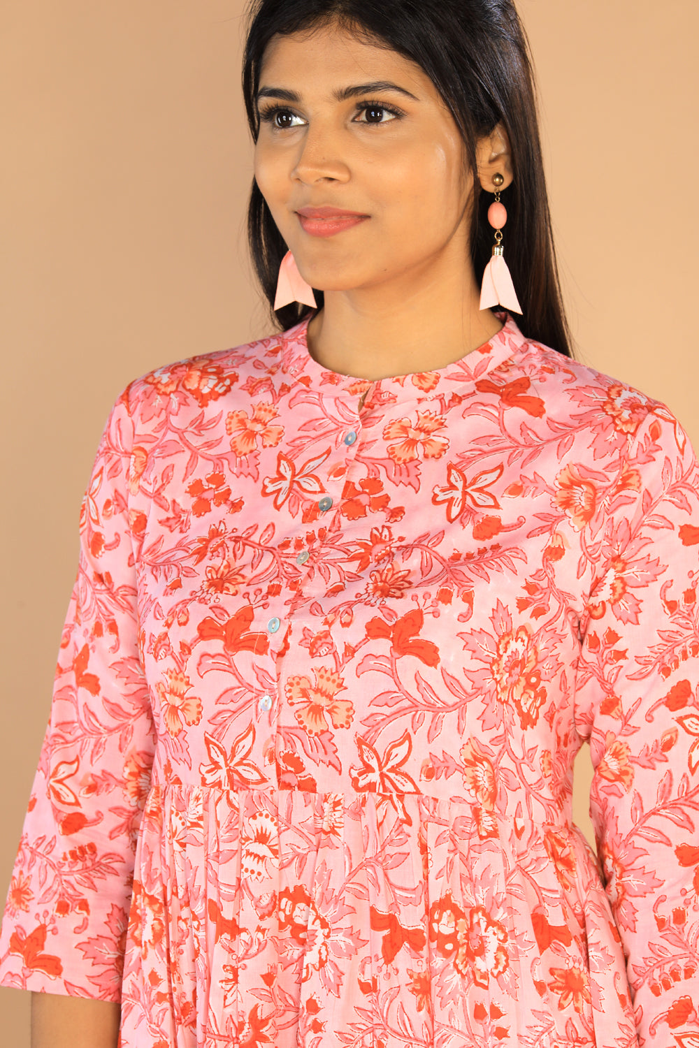 Floral Sanganeri hand block printed cotton dress