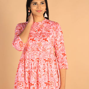 Floral Sanganeri hand block printed cotton dress