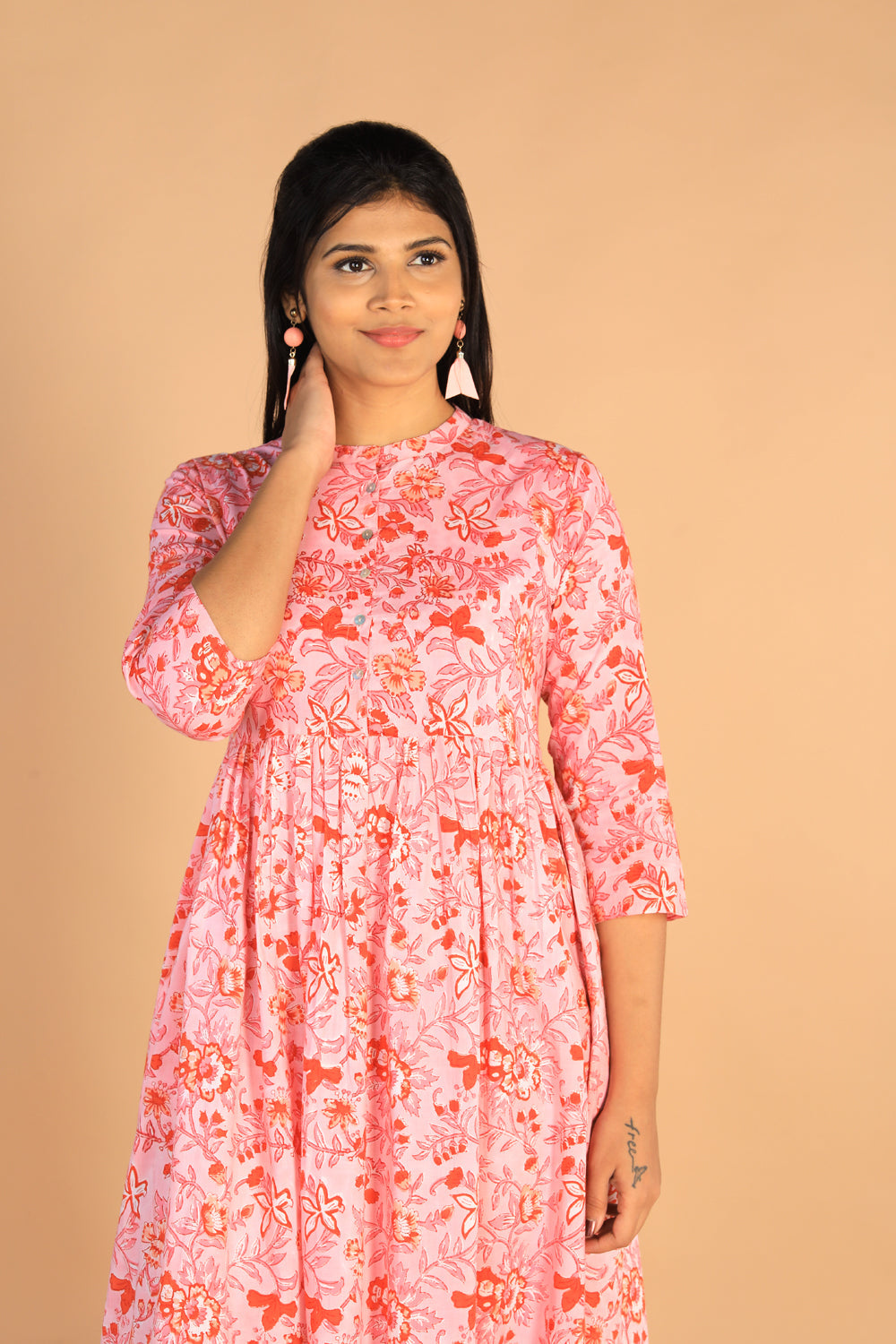 Floral Sanganeri hand block printed cotton dress