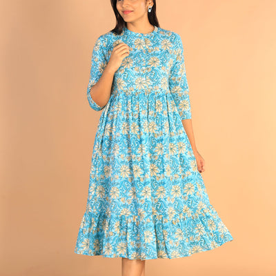 Floral Sanganeri hand block printed cotton dress