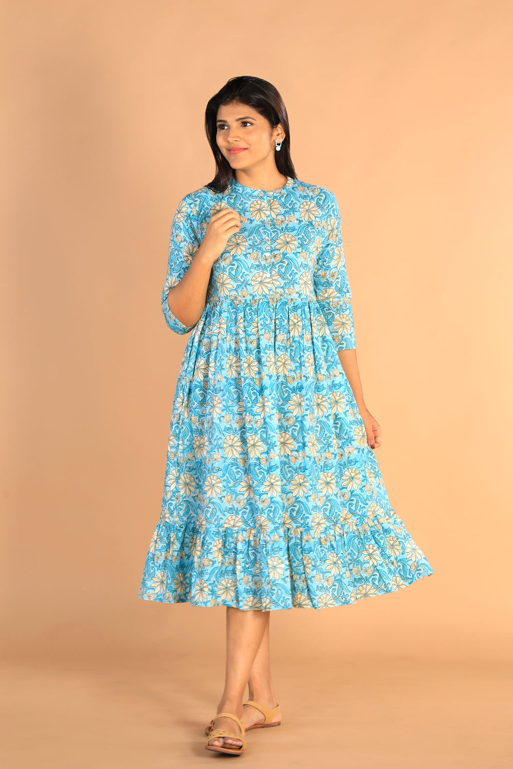 Floral Sanganeri hand block printed cotton dress