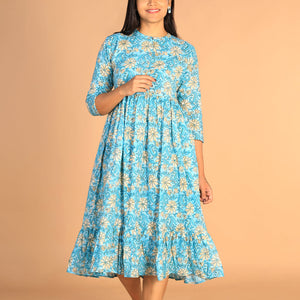 Floral Sanganeri hand block printed cotton dress