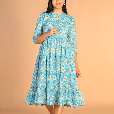 Floral Sanganeri hand block printed cotton dress