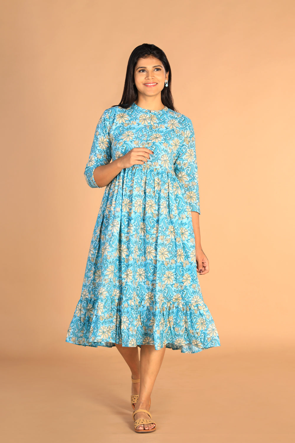 Floral Sanganeri hand block printed cotton dress