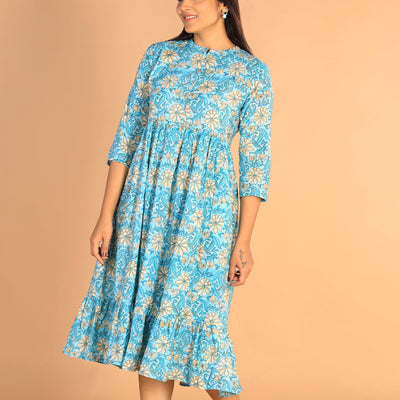 Floral Sanganeri hand block printed cotton dress