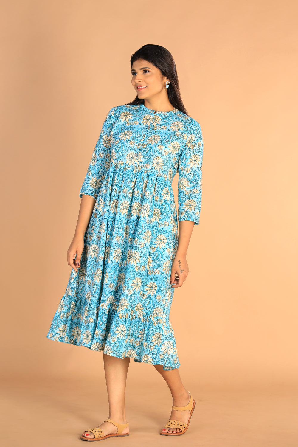 Floral Sanganeri hand block printed cotton dress