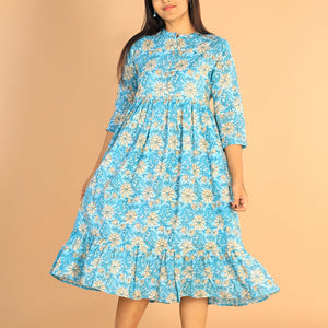 Floral Sanganeri hand block printed cotton dress