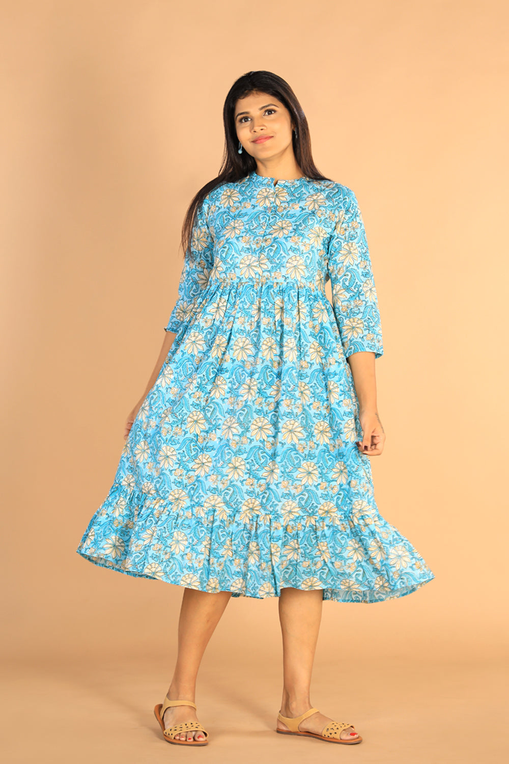 Floral Sanganeri hand block printed cotton dress