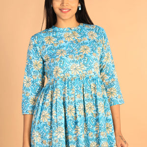 Floral Sanganeri hand block printed cotton dress