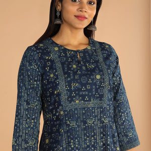 Indigo Ajrak handblock printed cotton kurta , pants set