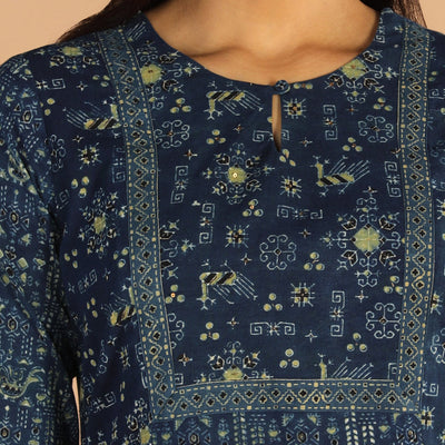 Indigo Ajrak handblock printed cotton kurta , pants set
