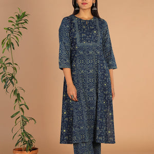 Indigo Ajrak handblock printed cotton kurta , pants set