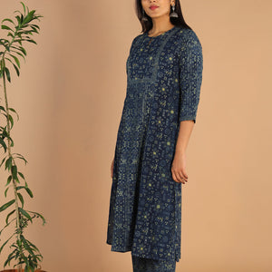 Indigo Ajrak handblock printed cotton kurta , pants set