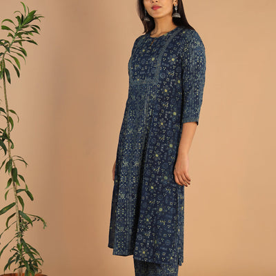 Indigo Ajrak handblock printed cotton kurta , pants set
