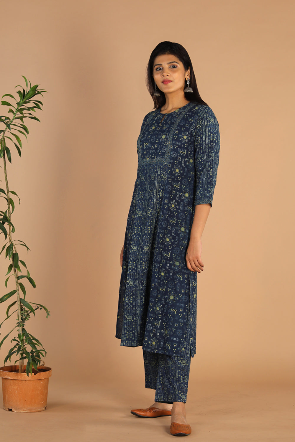 Indigo Ajrak handblock printed cotton kurta , pants set