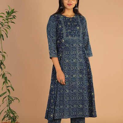 Indigo Ajrak handblock printed cotton kurta , pants set