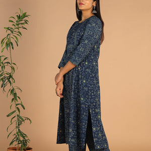Indigo Ajrak handblock printed cotton kurta , pants set