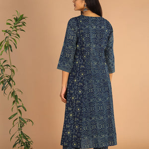 Indigo Ajrak handblock printed cotton kurta , pants set