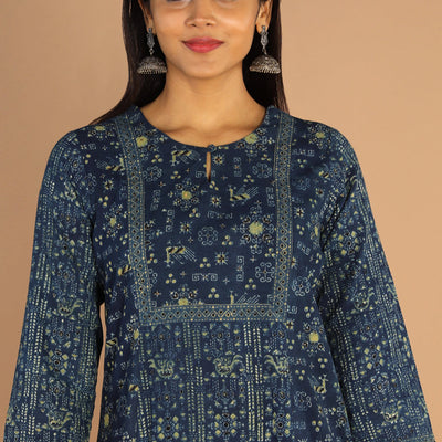 Indigo Ajrak handblock printed cotton kurta , pants set