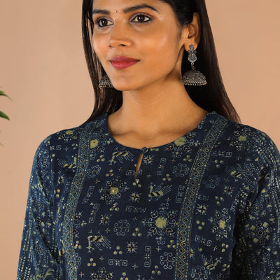 Indigo Ajrak handblock printed cotton kurta , pants set