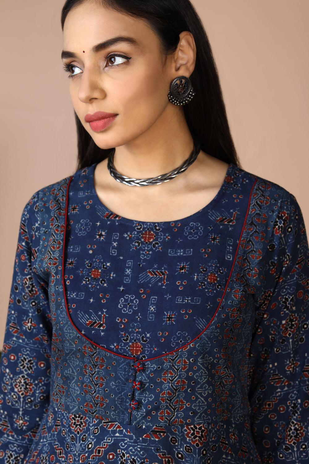 Indigo Ajrak handblock printed long ethnic dress