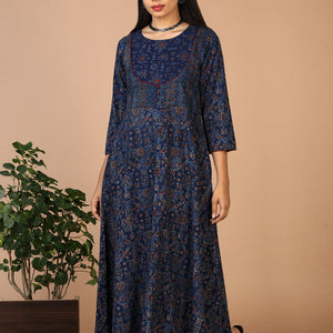 Indigo Ajrak handblock printed long ethnic dress