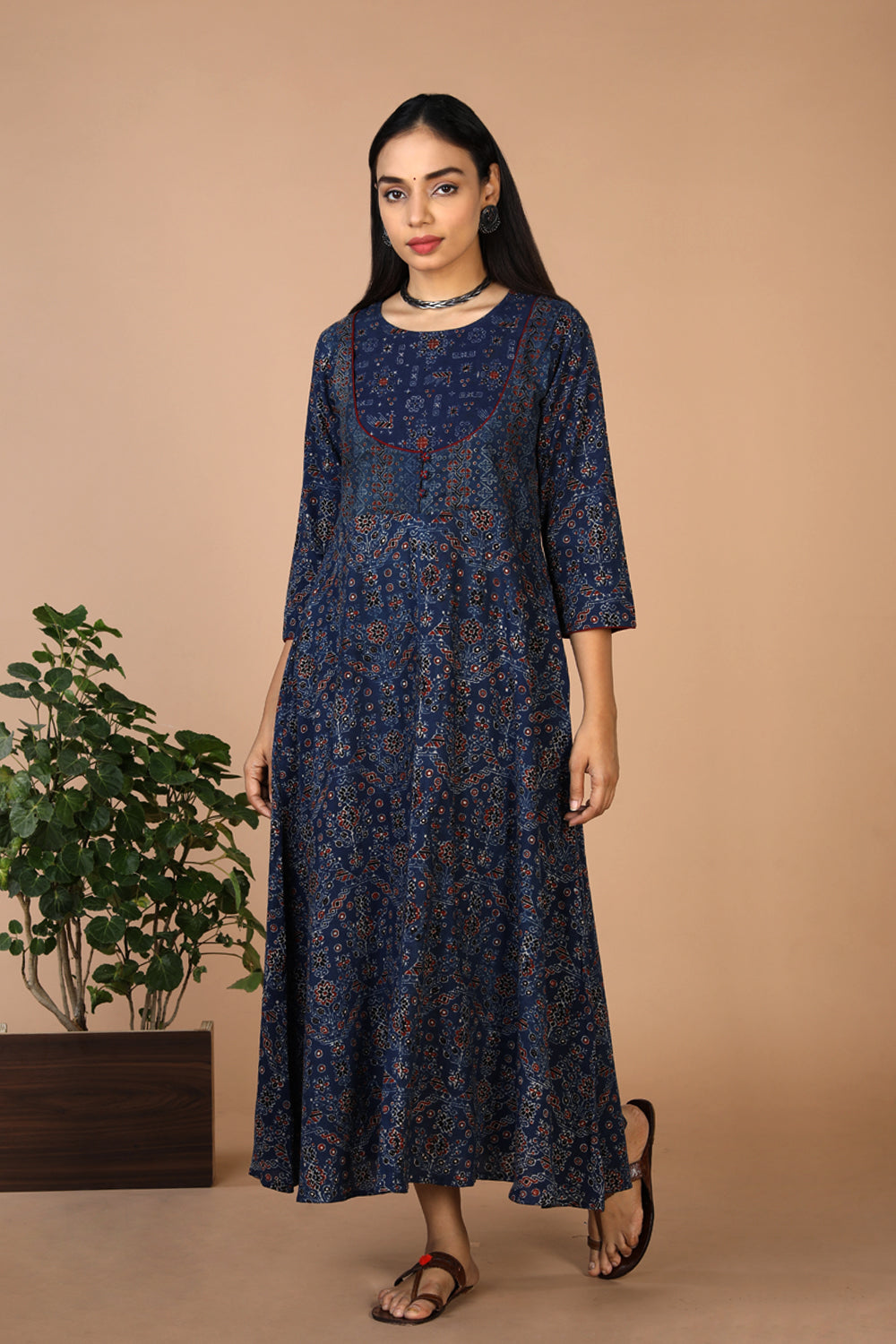 Indigo Ajrak handblock printed long ethnic dress