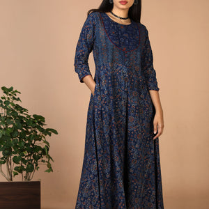 Indigo Ajrak handblock printed long ethnic dress