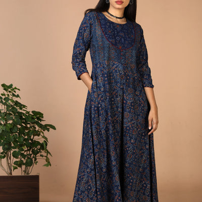 Indigo Ajrak handblock printed long ethnic dress