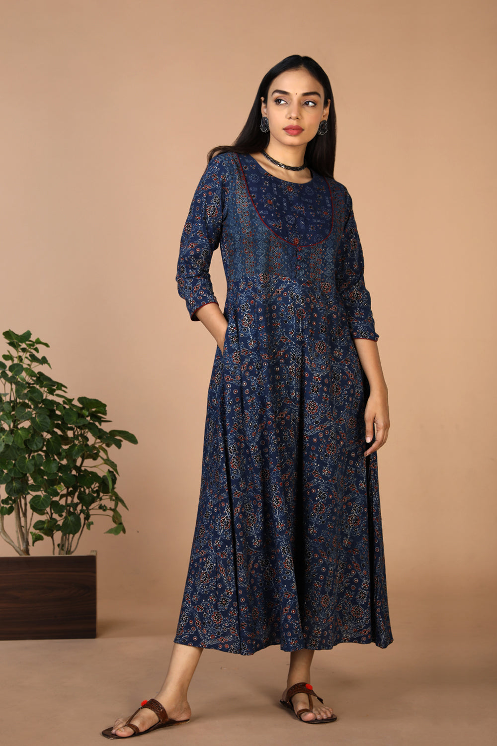 Indigo Ajrak handblock printed long ethnic dress