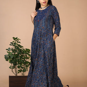 Indigo Ajrak handblock printed long ethnic dress