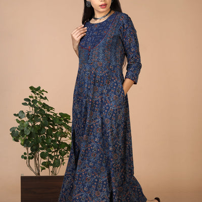 Indigo Ajrak handblock printed long ethnic dress