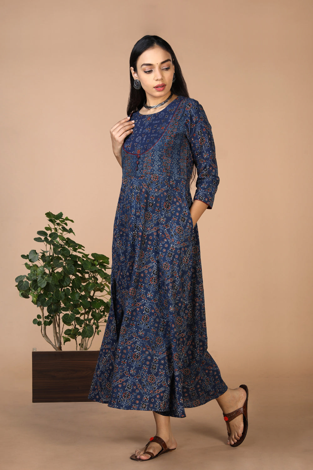Indigo Ajrak handblock printed long ethnic dress