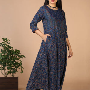 Indigo Ajrak handblock printed long ethnic dress