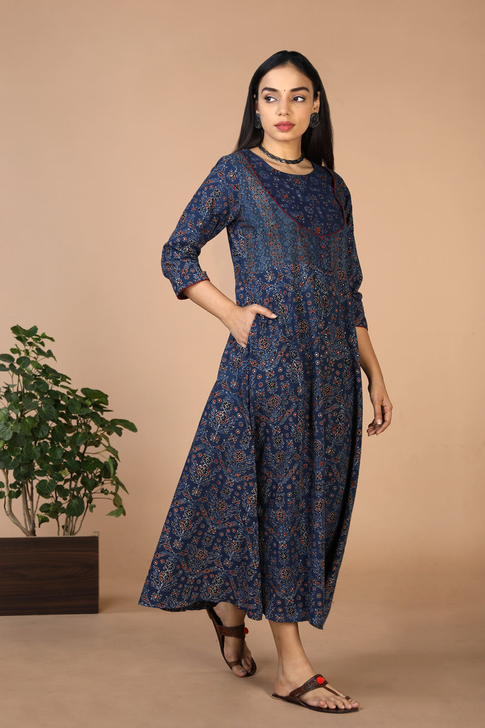 Indigo Ajrak handblock printed long ethnic dress