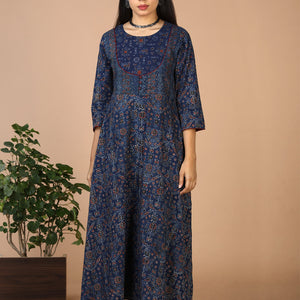 Indigo Ajrak handblock printed long ethnic dress