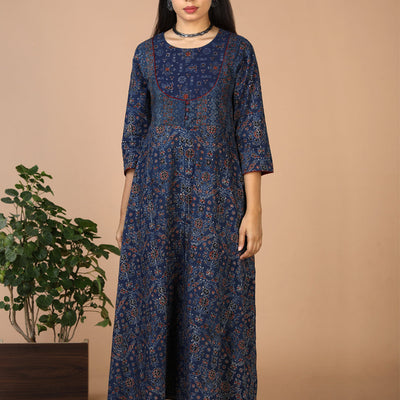 Indigo Ajrak handblock printed long ethnic dress