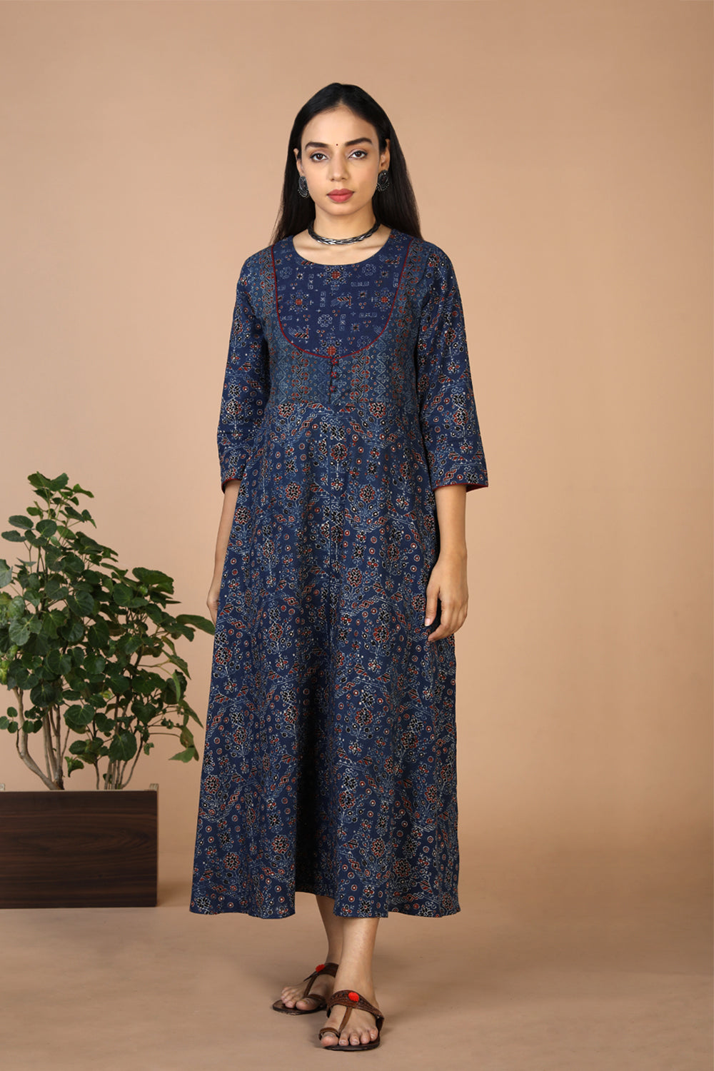 Indigo Ajrak handblock printed long ethnic dress