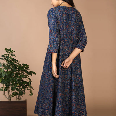 Indigo Ajrak handblock printed long ethnic dress