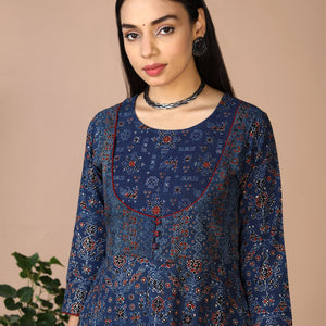 Indigo Ajrak handblock printed long ethnic dress