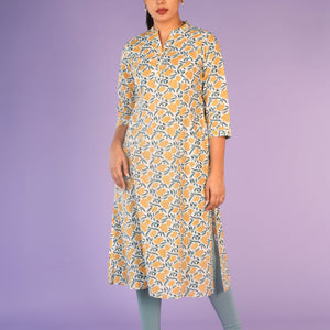 Cream and yellow floral hand block printed cotton Kurti