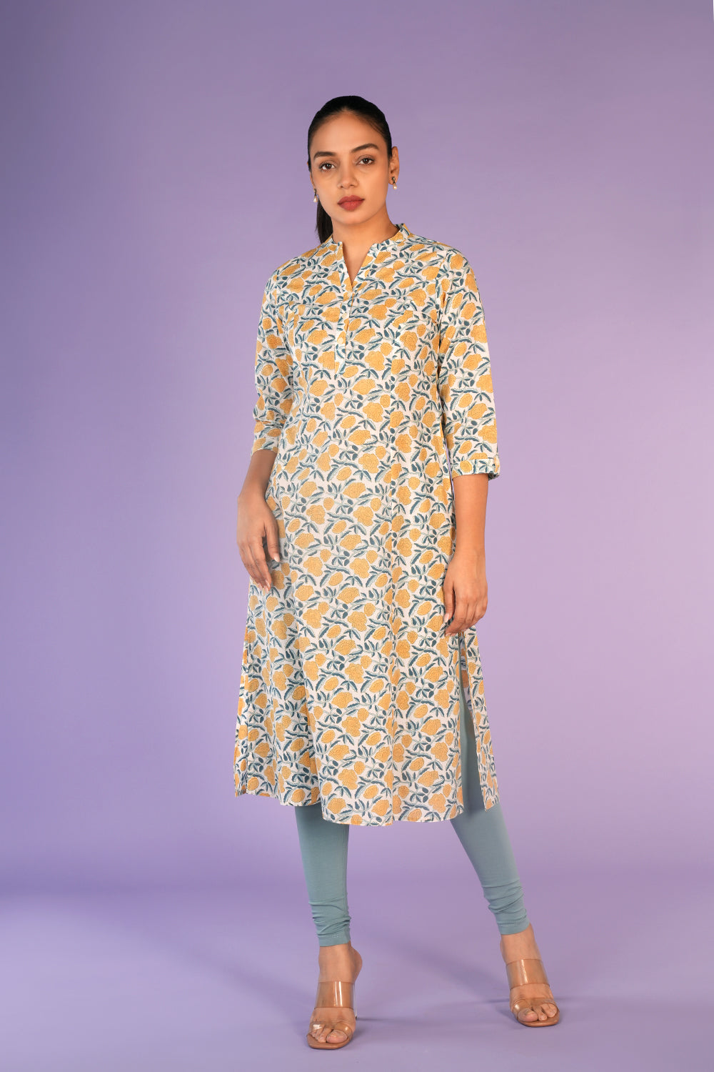 Cream and yellow floral hand block printed cotton Kurti