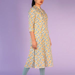 Cream and yellow floral hand block printed cotton Kurti