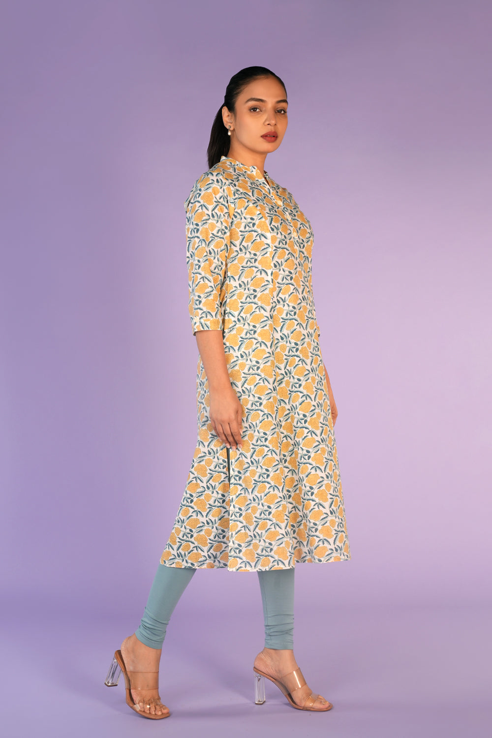 Cream and yellow floral hand block printed cotton Kurti